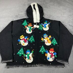 vintage Victoria Jones Christmas snowman hooded cardigan size L preowned